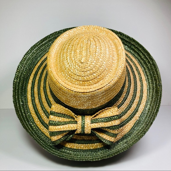 Accessories - Straw Sunhat Wide Brim Bow Green Natural NWOT